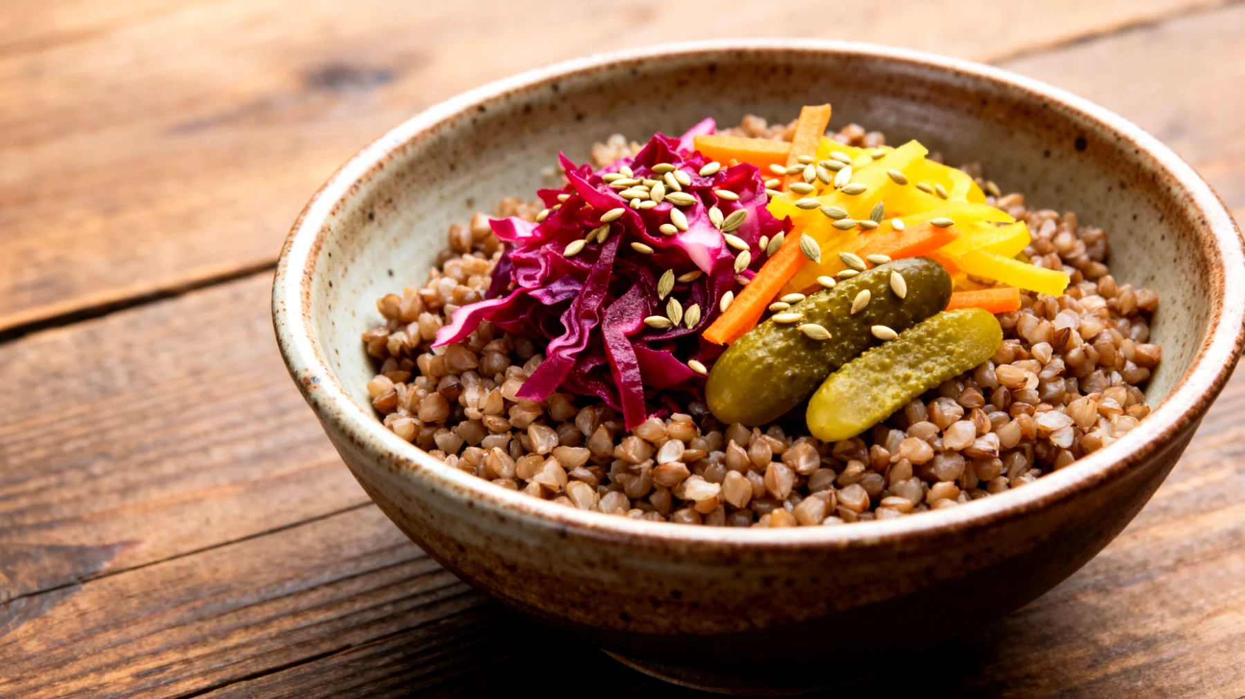 Buchweizen-Bowl mit fermentiertem Gemüse und Hanfsamen"