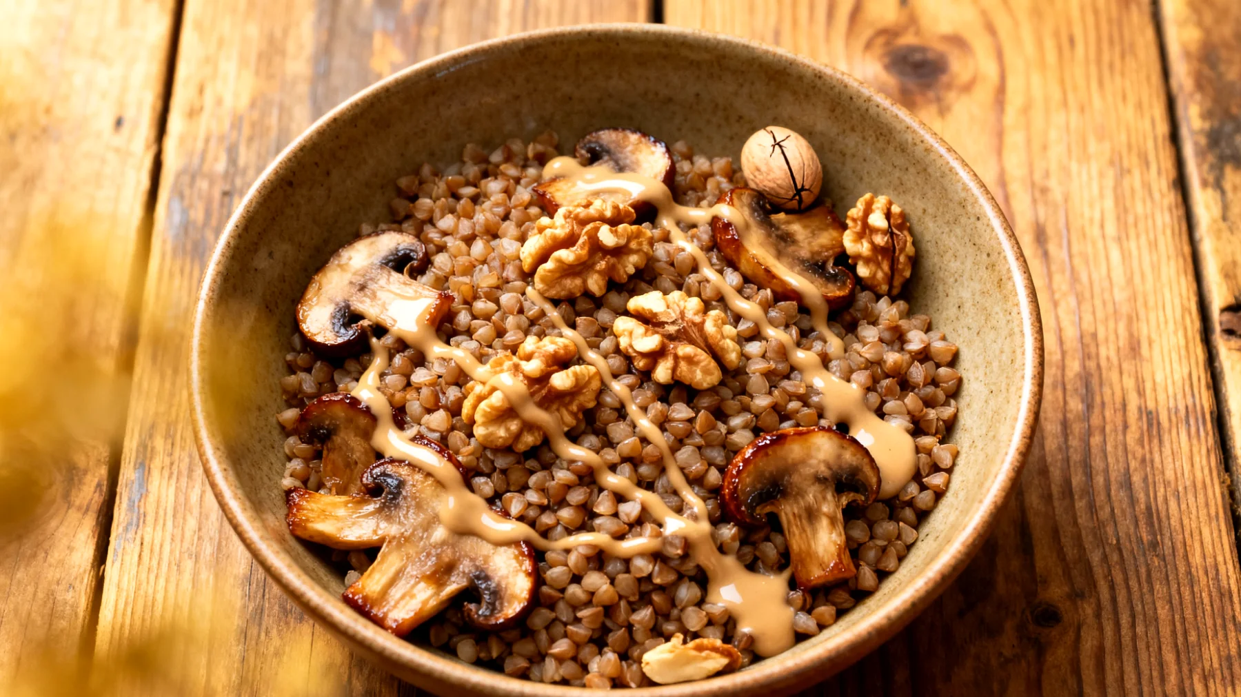 Buchweizen-Pilz-Bowl mit Walnüssen und Tahini"