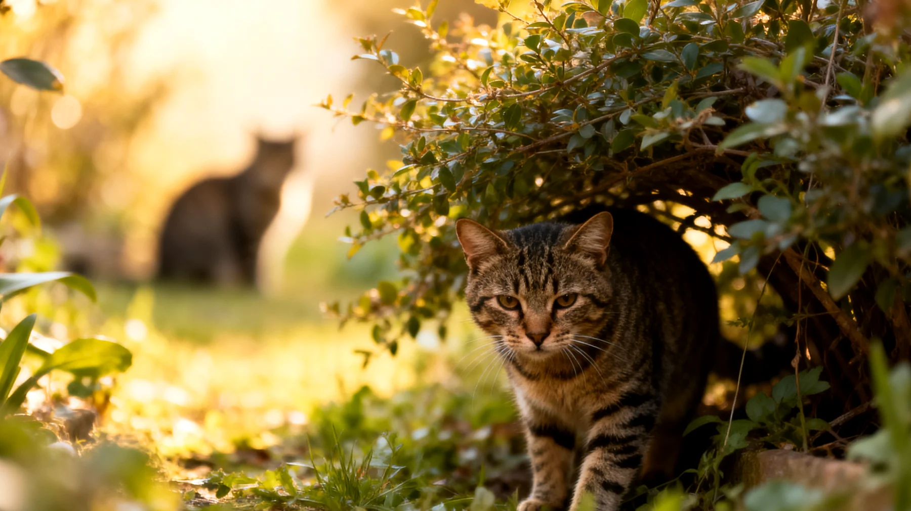 Katzen, die im Garten Stress durch Revierkämpfe, Lärm oder ungewohnte Umgebung erleben, benötigen gezielte Entspannungsmöglichkeiten und sichere Rückzugsorte im Außenbereich"