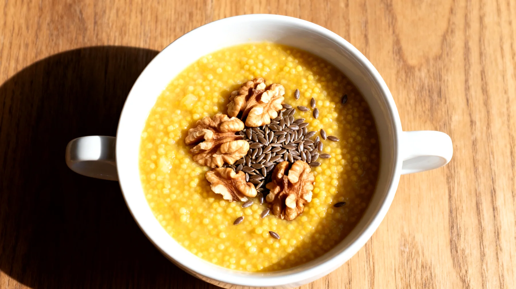 Walnuss-Hirse-Porridge mit Kurkuma und Leinsamen"